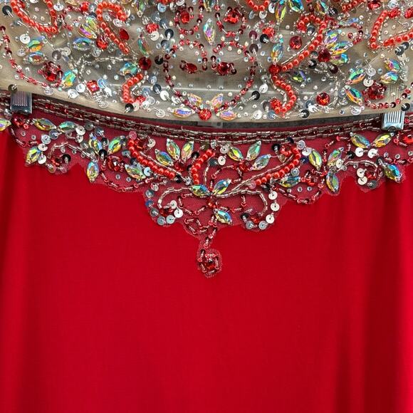 Dancing Queen Red Sequin Beaded 2 Piece Crop Halter Skirt Formal Prom Dress M - Picture 4 of 12